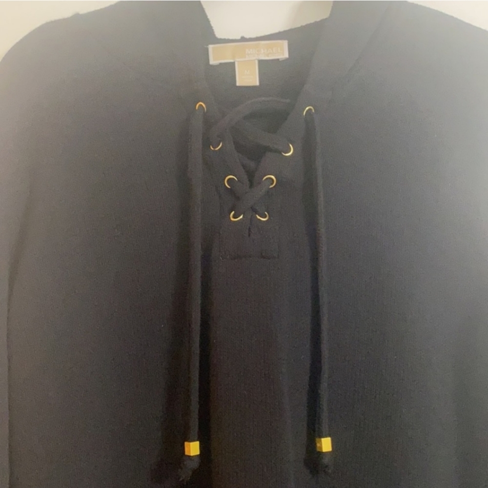 Michael Kors Black Knit Pullover Hoodie Lace up Neckline Women Size M - Picture 4 of 10